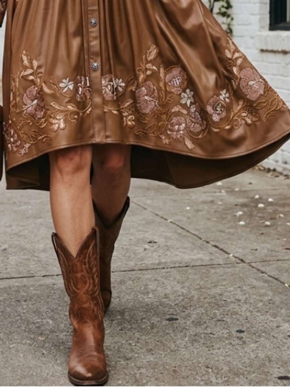 NEW blue b Brown Faux Leather Embroidered Pink Copper Flower Draped Skirt Dress - Picture 3 of 6